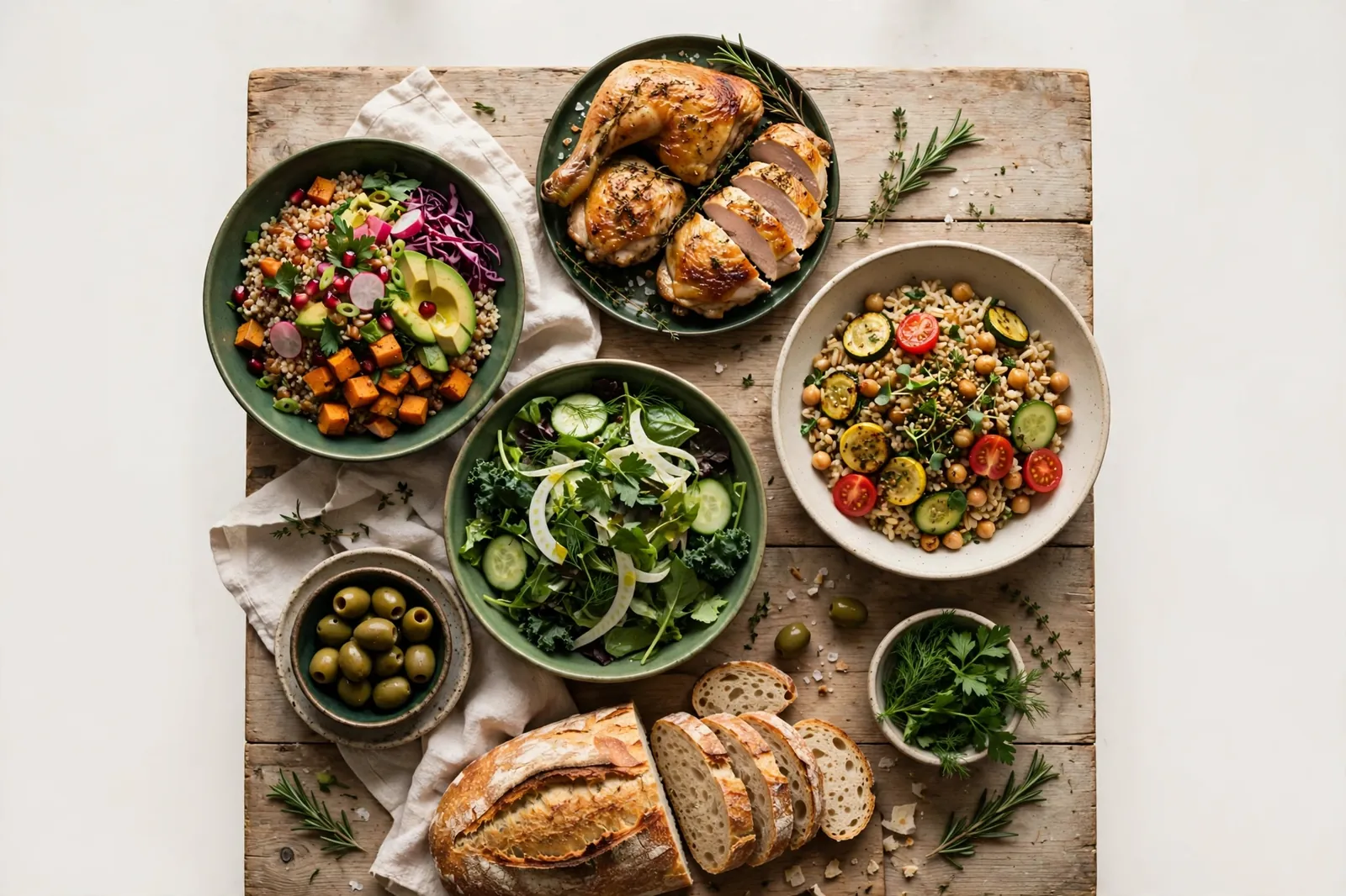 An overhead spread of a warm weeknight dinner, ready to eat