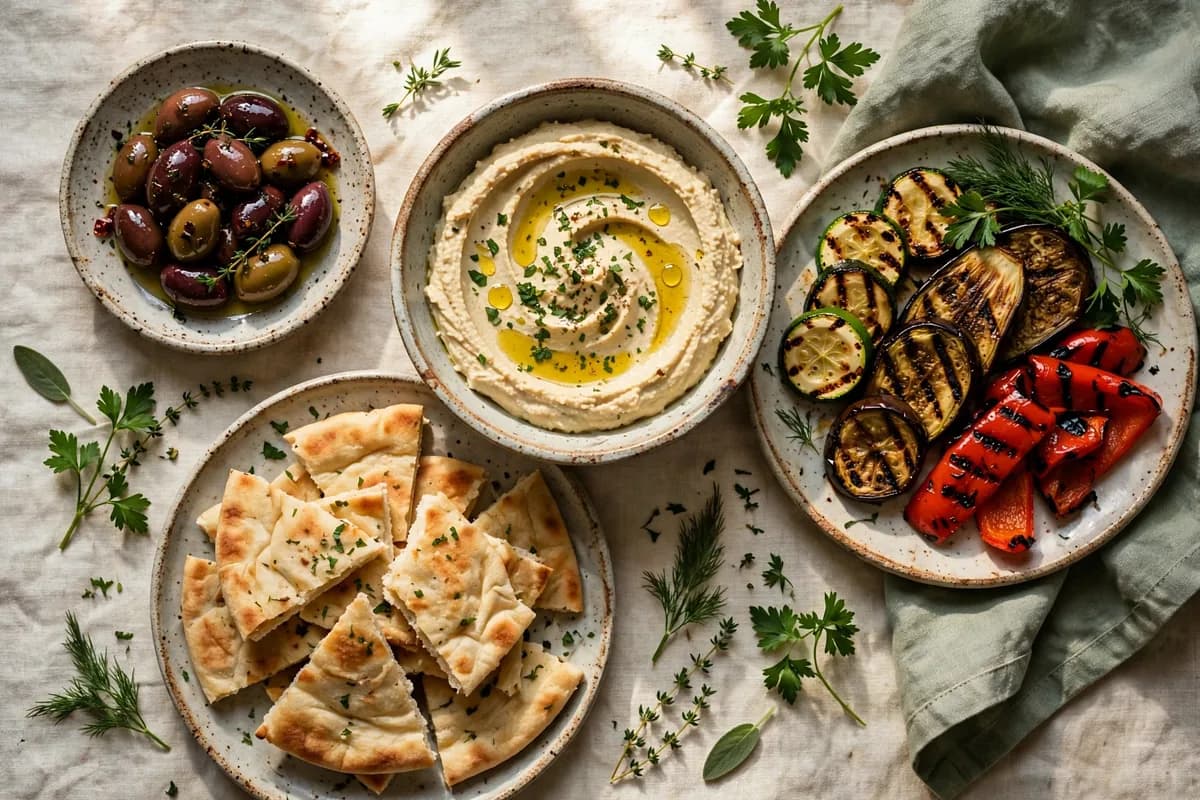 Mediterranean mezze with hummus, olives, grilled vegetables, and flatbread